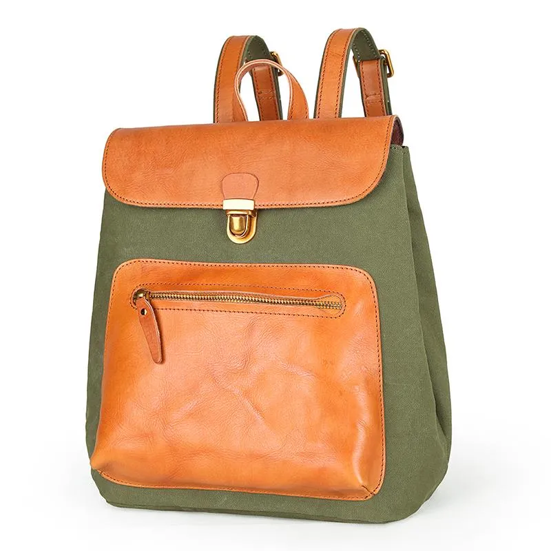 Canvas Leather Mens Women Student Backpack Army Green Travel Backpack Caramel College Backpack for Men