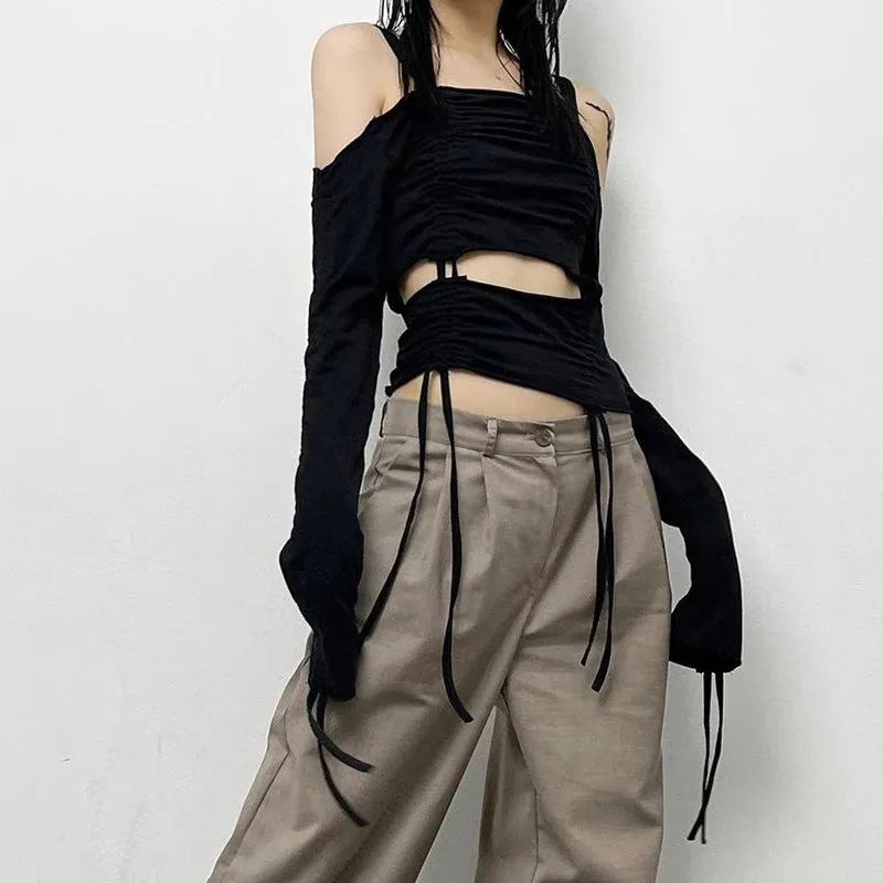 Grunge Drawstring Autumn T-shirts for Women Shirring Off Shoulder Top Streetwear Cut Out Design Tees Shirt Folds
