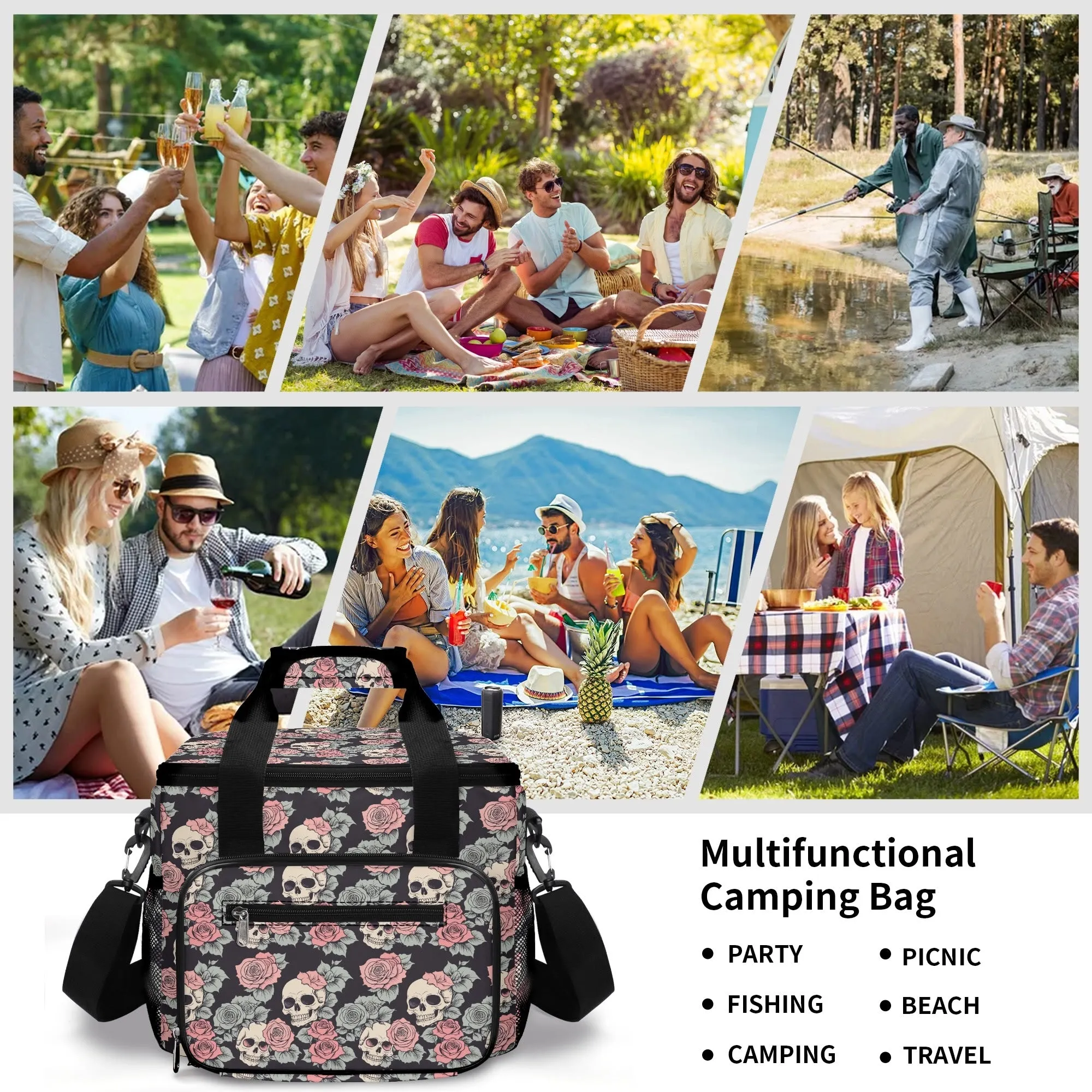 Skull and Pink Rose Insulated Leakproof Cooler Bag Lunch Box