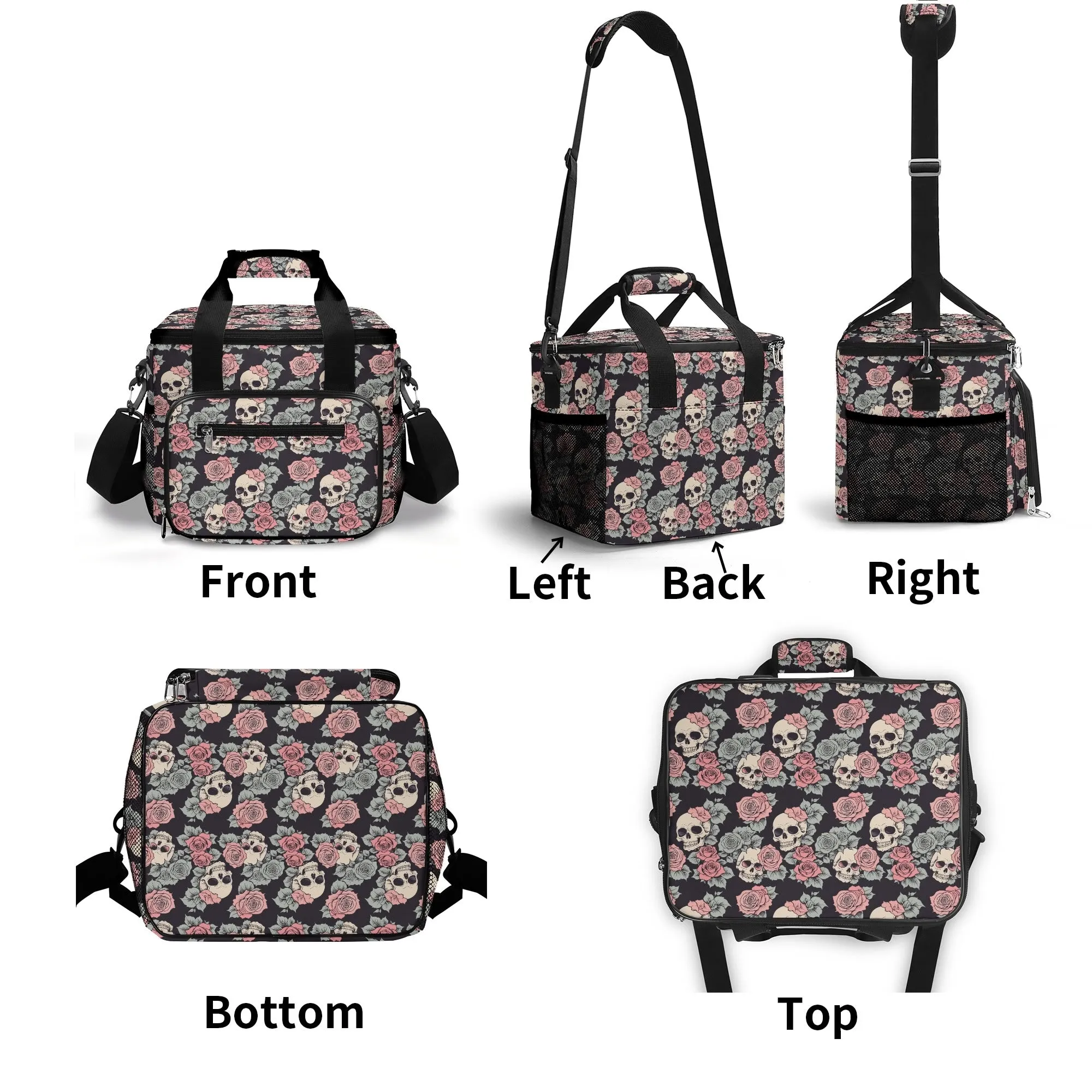 Skull and Pink Rose Insulated Leakproof Cooler Bag Lunch Box