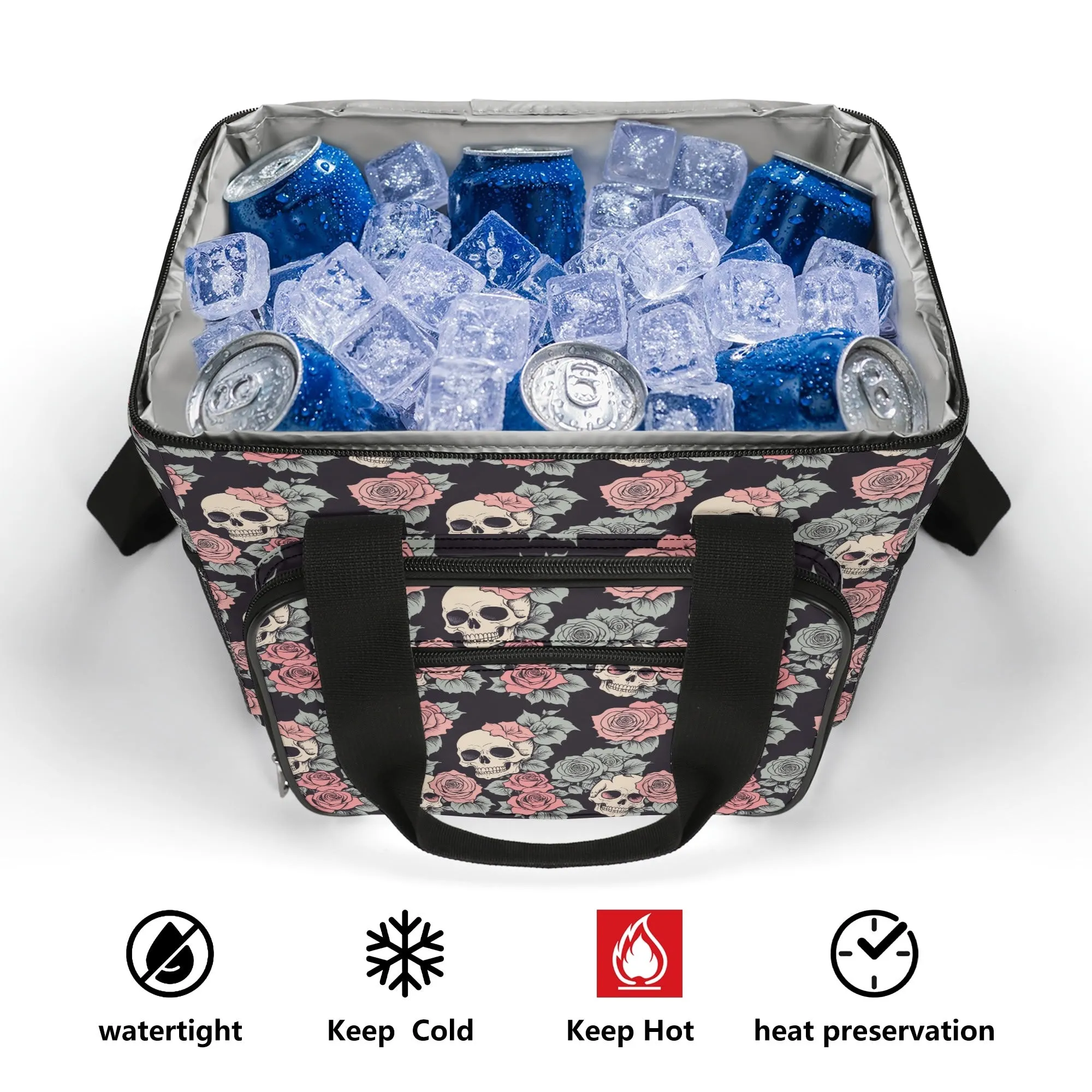 Skull and Pink Rose Insulated Leakproof Cooler Bag Lunch Box