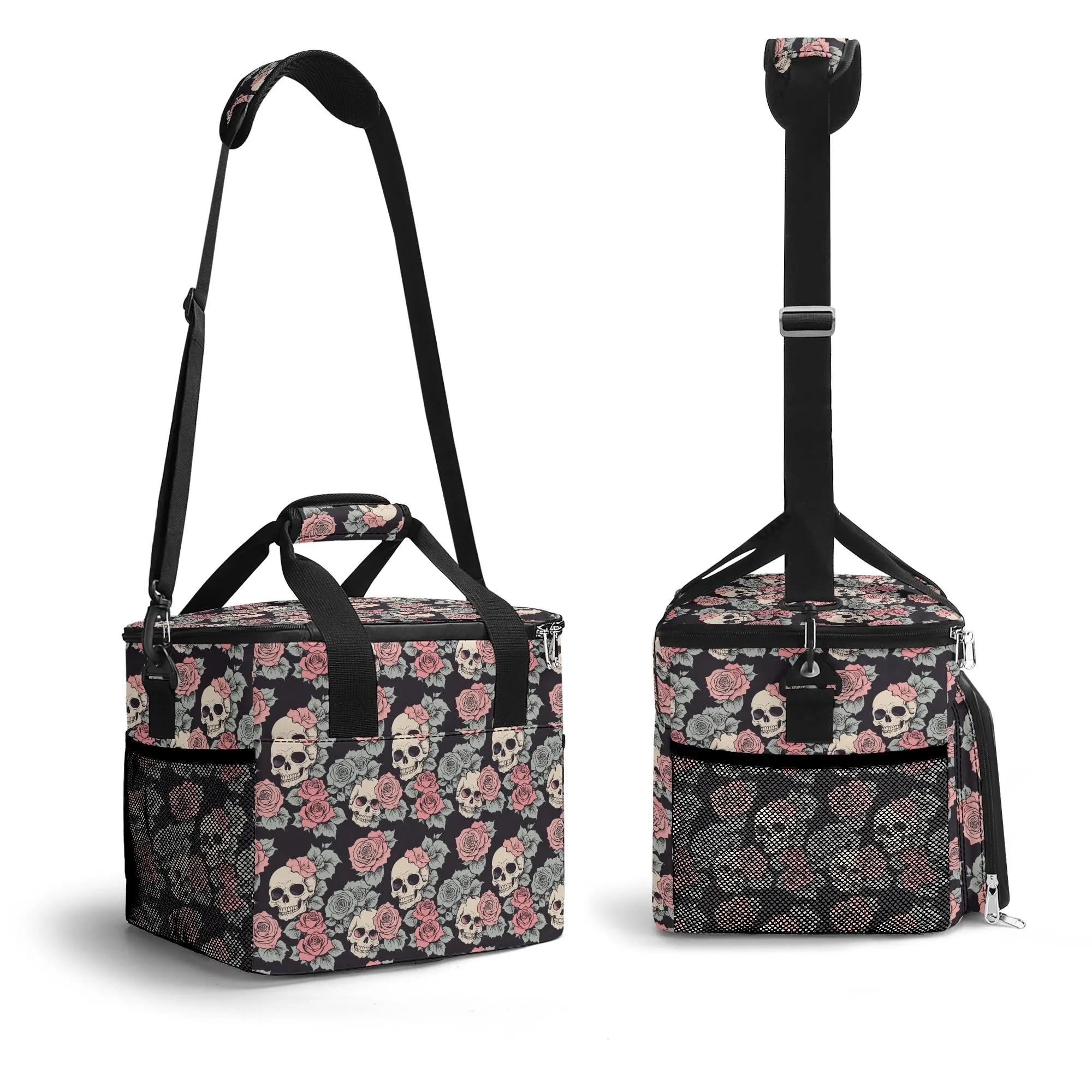 Skull and Pink Rose Insulated Leakproof Cooler Bag Lunch Box