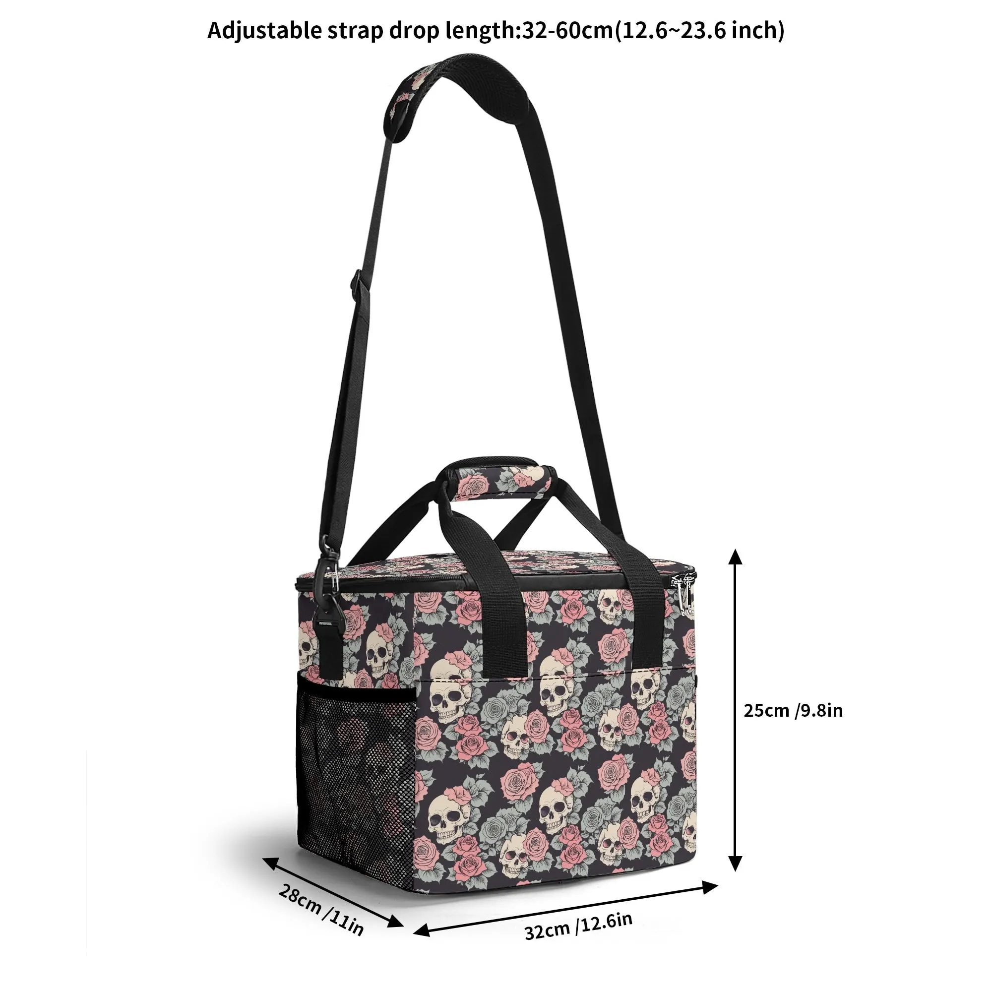 Skull and Pink Rose Insulated Leakproof Cooler Bag Lunch Box