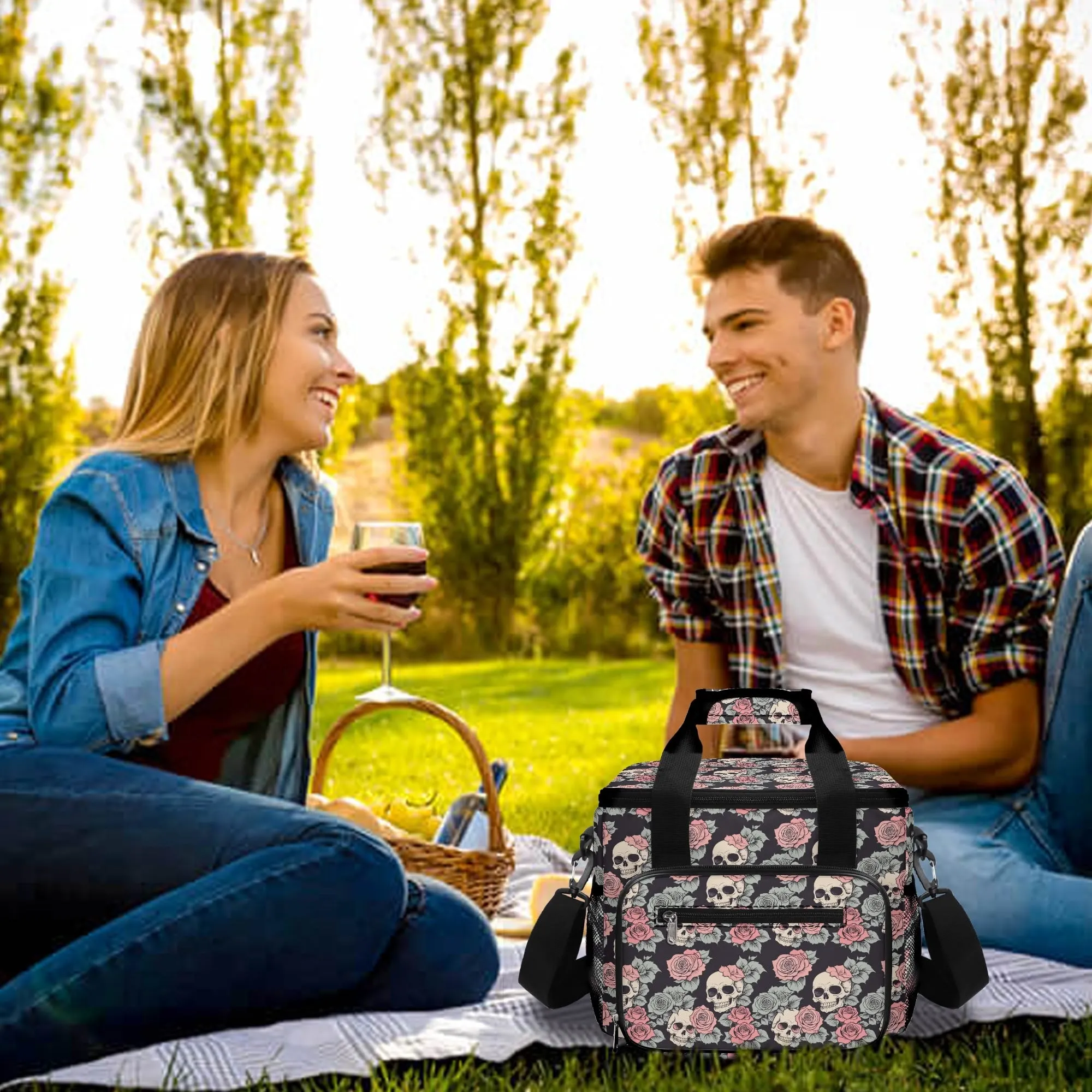 Skull and Pink Rose Insulated Leakproof Cooler Bag Lunch Box